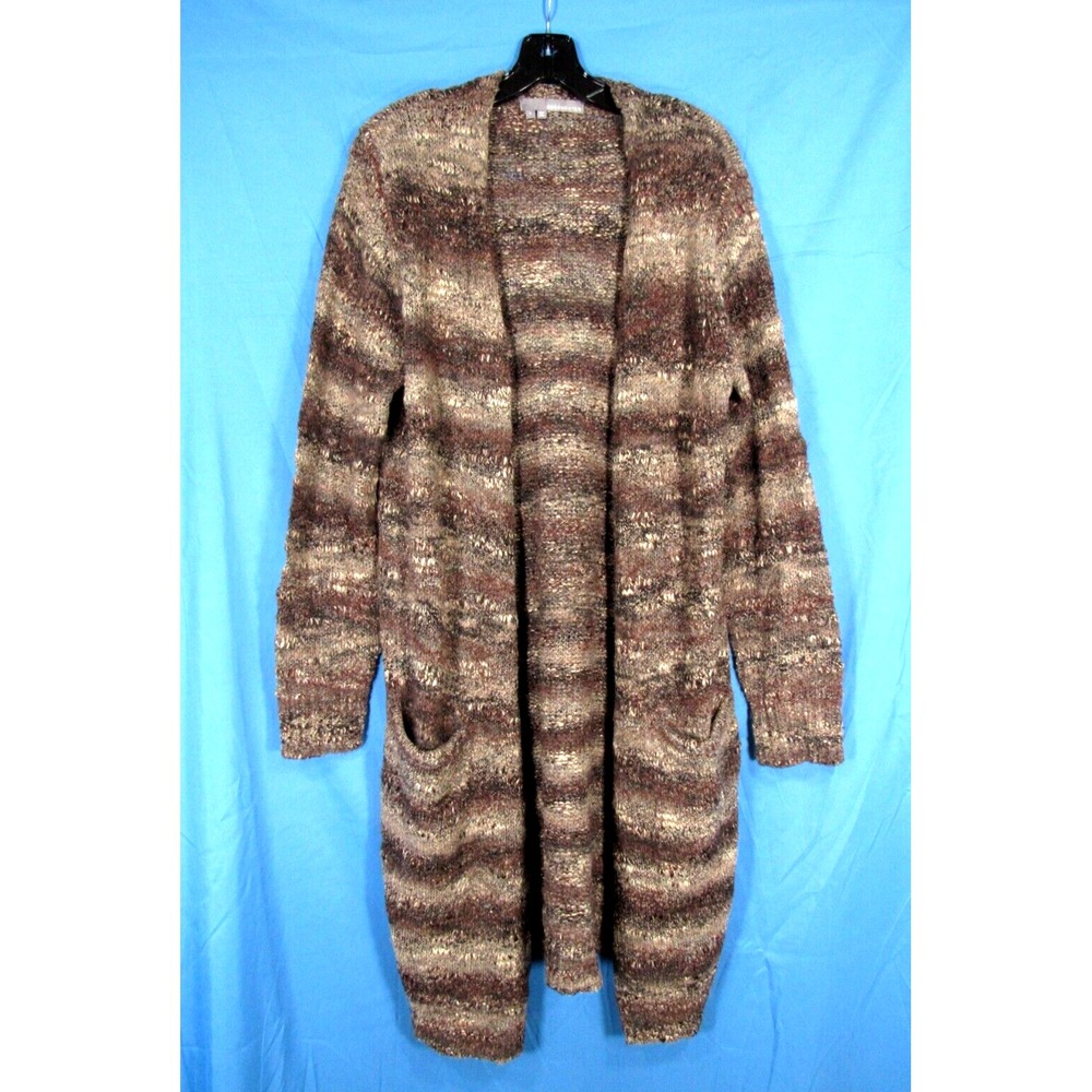 360 SWEATER Soft MARLE STRIPE Brown/Multi LONG 2-POCKET Sweater/Cardigan Sz L